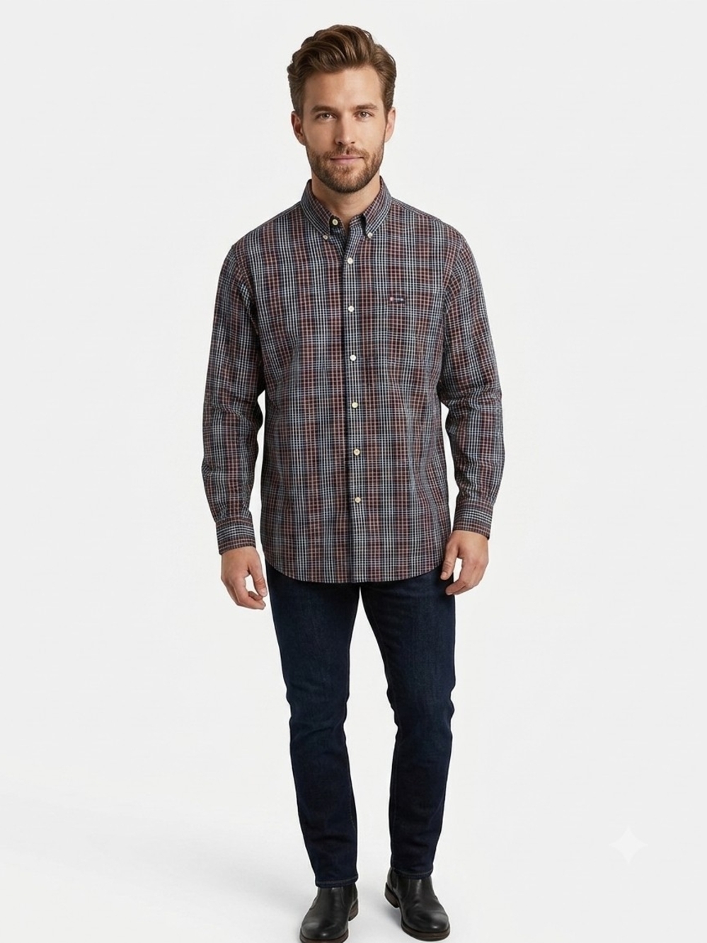 Chaps Men's XL Easy Care Plaid Button Down Shirt Long Sleeve Navy Orange